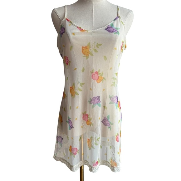 Vintage Y2K Sheer Floral Slip Dress Lingerie Sz M Coquette Fairy Grunge Nightie - Picture 1 of 10
